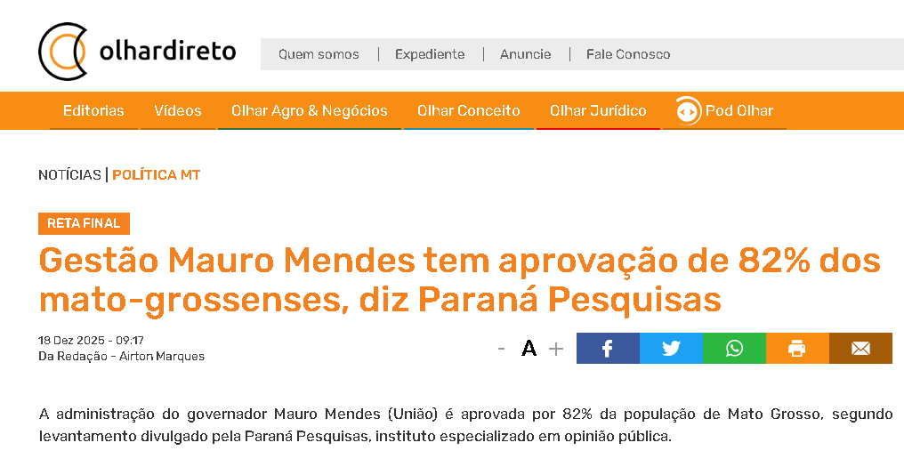 Olhar Direto cita pesquisa realizada pela Paraná Pesquisas no Estado de Mato Grosso. 2 Olhar Direto cita pesquisa realizada pela Paraná Pesquisas no Estado de Mato Grosso.
