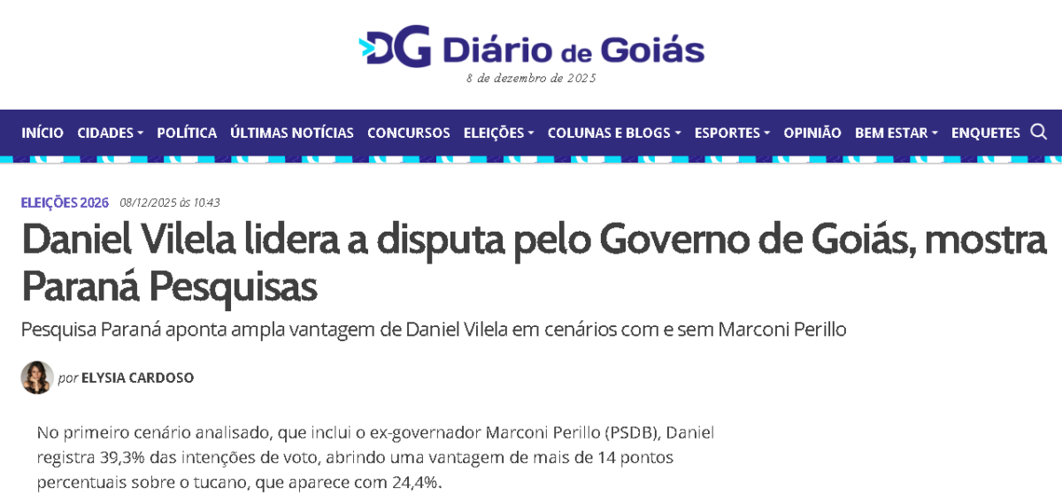 Diário de Goiás cita pesquisa realizada pela Paraná Pesquisas no Estado de Goiás. 2 Diário de Goiás cita pesquisa realizada pela Paraná Pesquisas no Estado de Goiás.