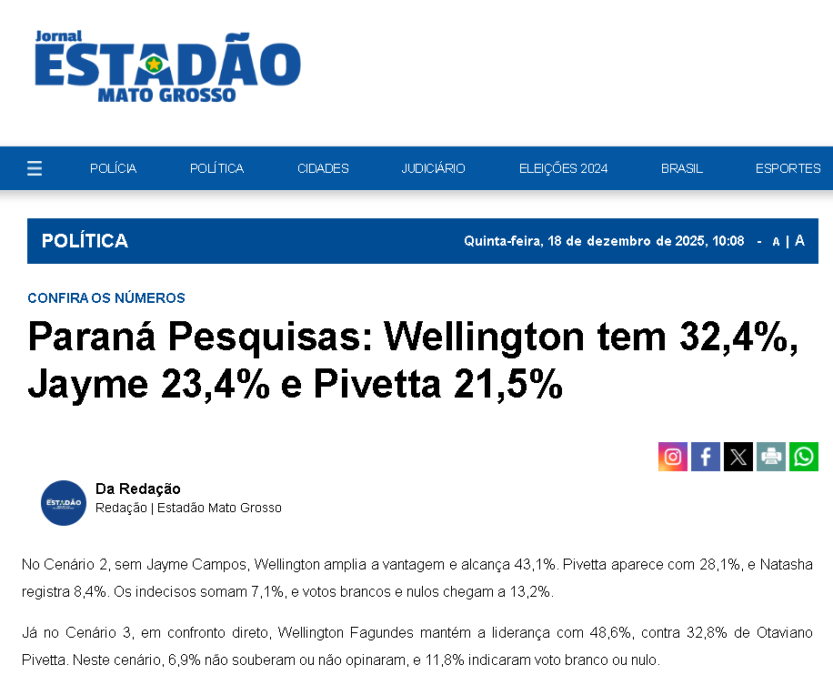 Jornal Estadão Mato Grosso cita pesquisa realizada pela Paraná Pesquisas no Estado de Mato Grosso.