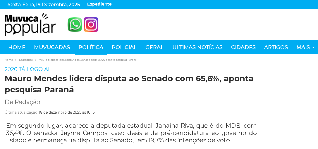 Muvuca Popular cita pesquisa realizada pela Paraná Pesquisas no Estado de Mato Grosso.