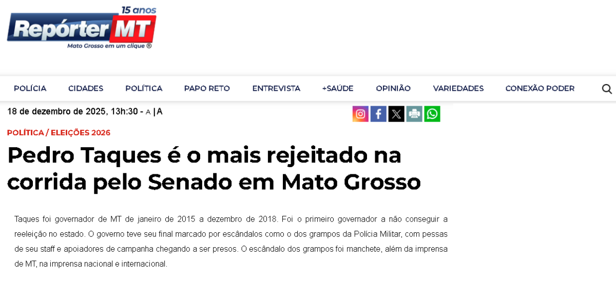 Repórter MT cita pesquisa realizada pela Paraná Pesquisas no Estado de Mato Grosso.