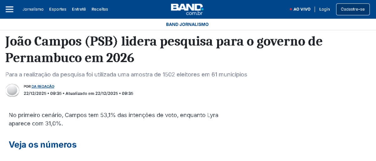 Band cita pesquisa realizada pela Paraná Pesquisas no Estado de Pernambuco.
