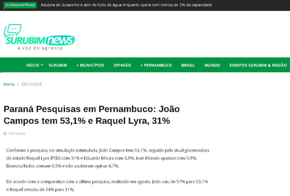 Surubim News cita pesquisa realizada pela Paraná Pesquisas no Estado de Pernambuco. 2 Surubim News cita pesquisa realizada pela Paraná Pesquisas no Estado de Pernambuco.