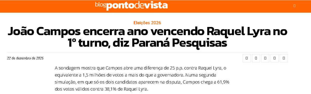 Blog Ponto de Vista cita pesquisa realizada pela Paraná Pesquisas no Estado de Pernambuco. 2 Blog Ponto de Vista cita pesquisa realizada pela Paraná Pesquisas no Estado de Pernambuco.