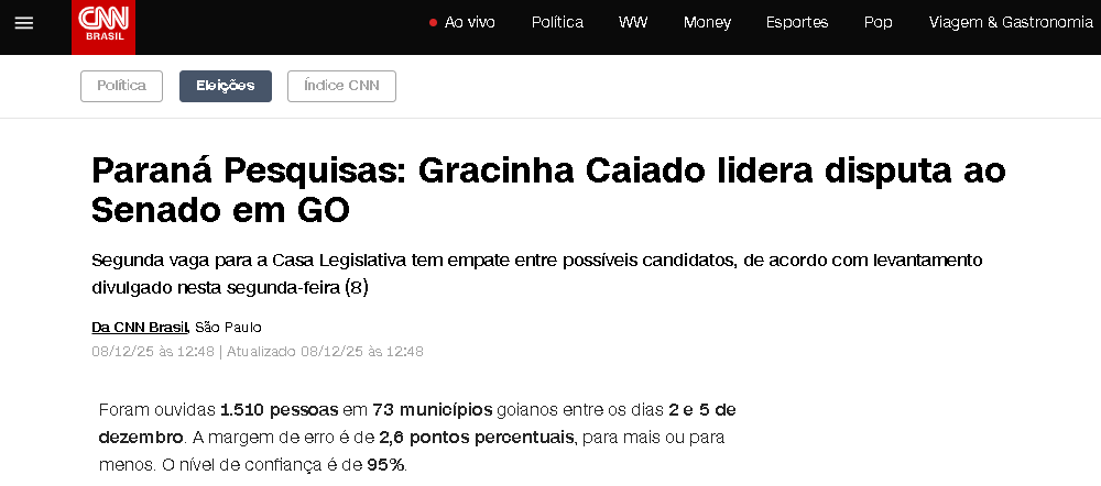 CNN Brasil cita pesquisa realizada pela Paraná Pesquisas no Estado de Goiás.