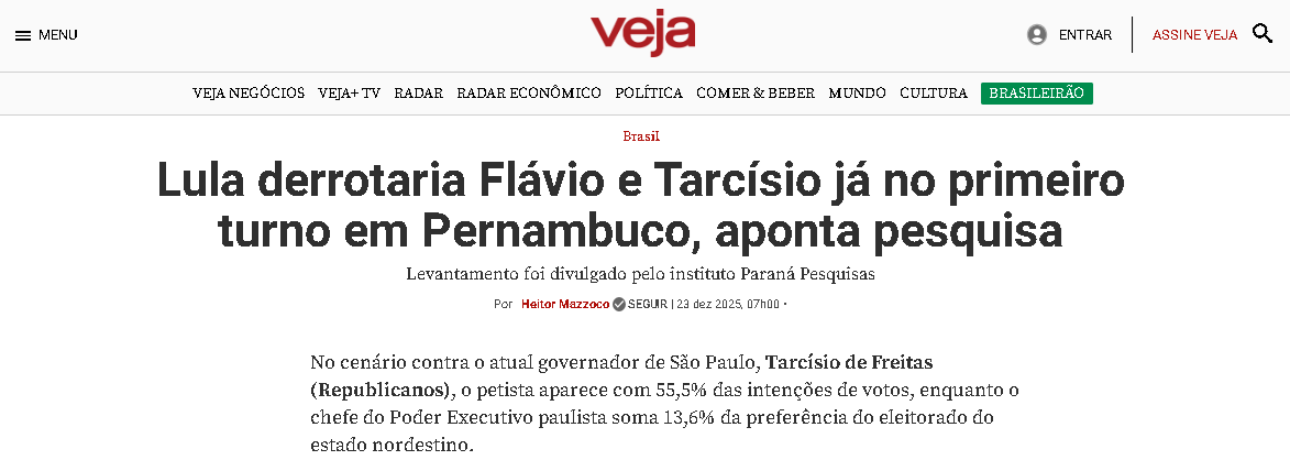 Veja cita pesquisa realizada pela Paraná Pesquisas no Estado de Pernambuco.