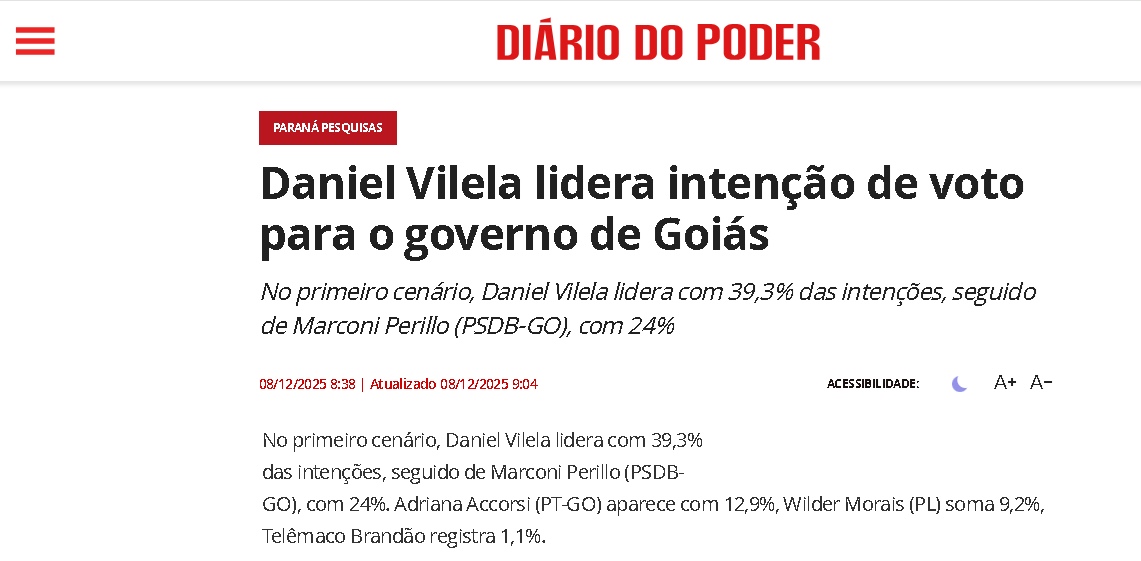 Diário do Poder cita pesquisa realizada pela Paraná Pesquisas no Estado de Goiás. 2 Diário do Poder cita pesquisa realizada pela Paraná Pesquisas no Estado de Goiás.
