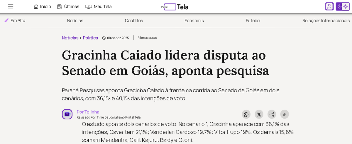 Portal Tela cita pesquisa realizada pela Paraná Pesquisas no Estado de Goiás. 2 Portal Tela cita pesquisa realizada pela Paraná Pesquisas no Estado de Goiás.