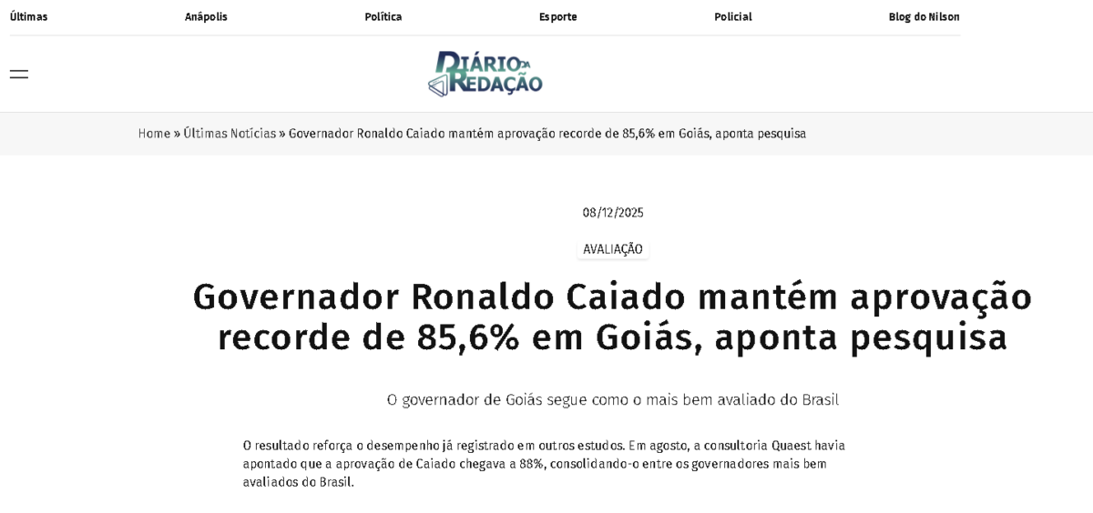 Diário da Redação cita pesquisa realizada pela Paraná Pesquisas no Estado de Goiás. 2 Diário da Redação cita pesquisa realizada pela Paraná Pesquisas no Estado de Goiás.