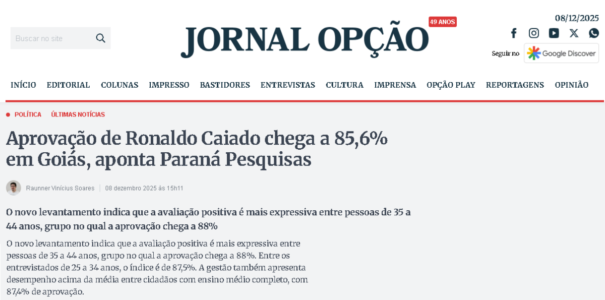 Jornal Opção cita pesquisa realizada pela Paraná Pesquisas no Estado de Goiás. 2 Jornal Opção cita pesquisa realizada pela Paraná Pesquisas no Estado de Goiás.