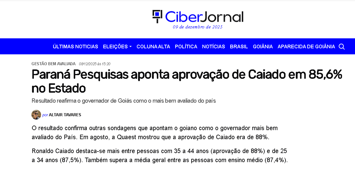 Ciber Jornal cita pesquisa realizada pela Paraná Pesquisas no Estado de Goiás.