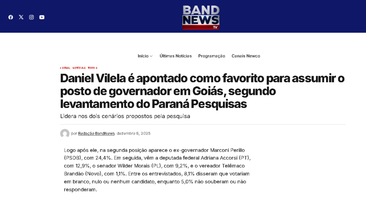 Band News cita pesquisa realizada pela Paraná Pesquisas no Estado de Goiás.