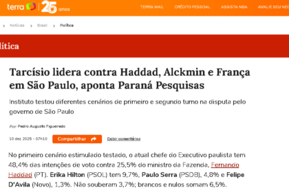 Portal Terra cita pesquisa realizada pela Paraná Pesquisas no Estado de São Paulo.
