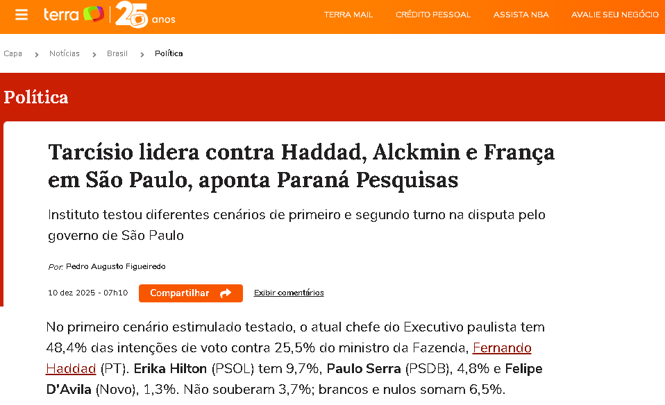 Portal Terra cita pesquisa realizada pela Paraná Pesquisas no Estado de São Paulo.