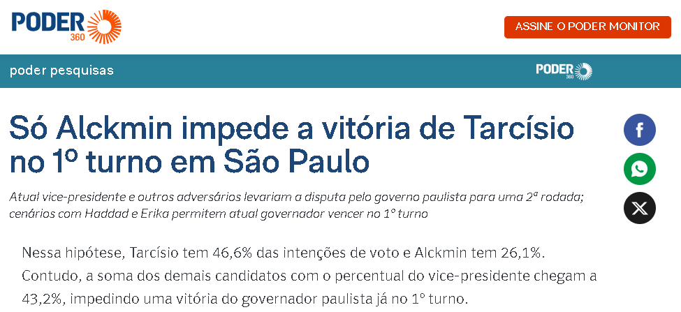 Poder 360 cita pesquisa realizada pela Paraná Pesquisas no Estado de São Paulo. 2 Poder 360 cita pesquisa realizada pela Paraná Pesquisas no Estado de São Paulo.