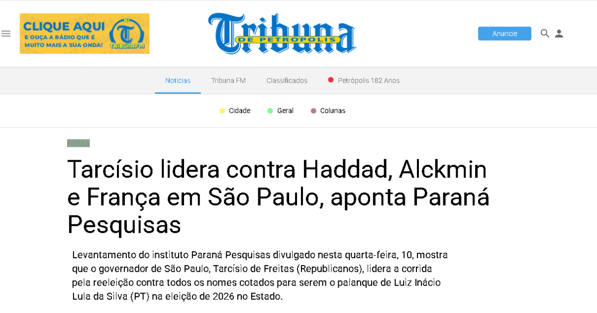 Tribuna de Petrópolis cita pesquisa realizada pela Paraná Pesquisas no Estado de São Paulo.