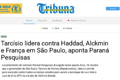 Tribuna de Petrópolis cita pesquisa realizada pela Paraná Pesquisas no Estado de São Paulo.