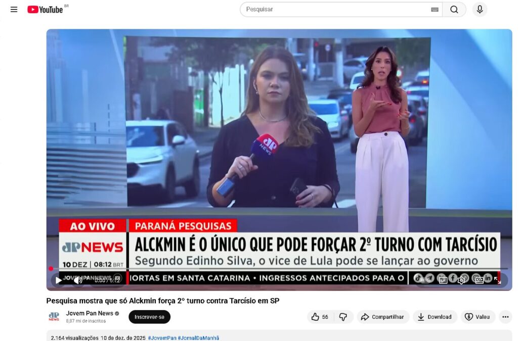 Jovem Pan News cita pesquisa realizada pela Paraná Pesquisas no Estado de São Paulo.