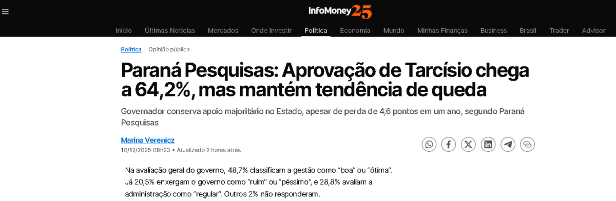 InfoMoney cita pesquisa realizada pela Paraná Pesquisas no Estado de São Paulo. 2 InfoMoney cita pesquisa realizada pela Paraná Pesquisas no Estado de São Paulo.