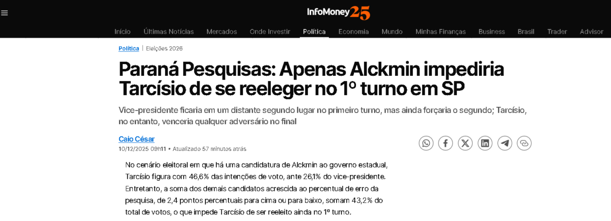 InfoMoney cita pesquisa realizada pela Paraná Pesquisas no Estado de São Paulo. 2 InfoMoney cita pesquisa realizada pela Paraná Pesquisas no Estado de São Paulo.