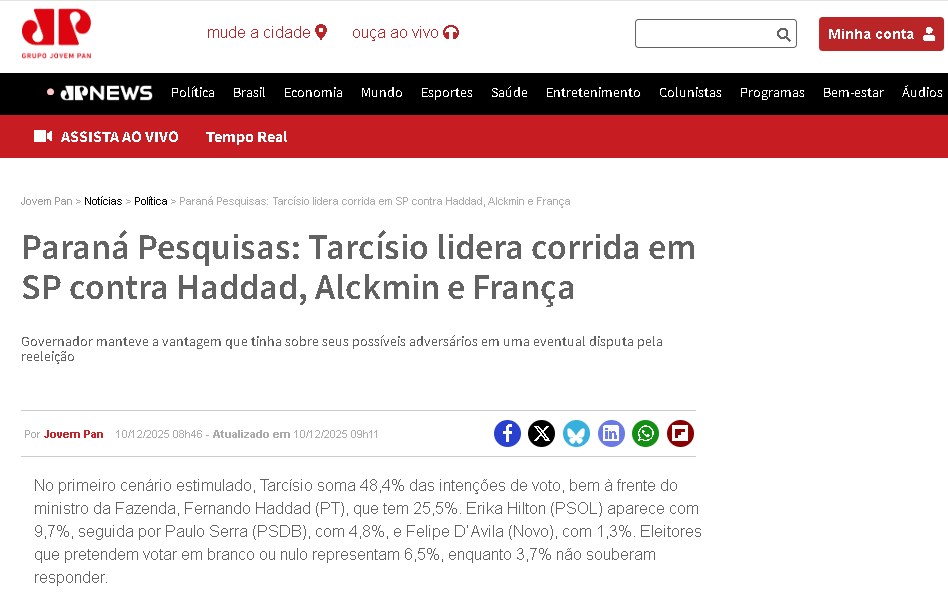 Jovem Pan cita pesquisa realizada pela Paraná Pesquisas no Estado de São Paulo. 2 Jovem Pan cita pesquisa realizada pela Paraná Pesquisas no Estado de São Paulo.