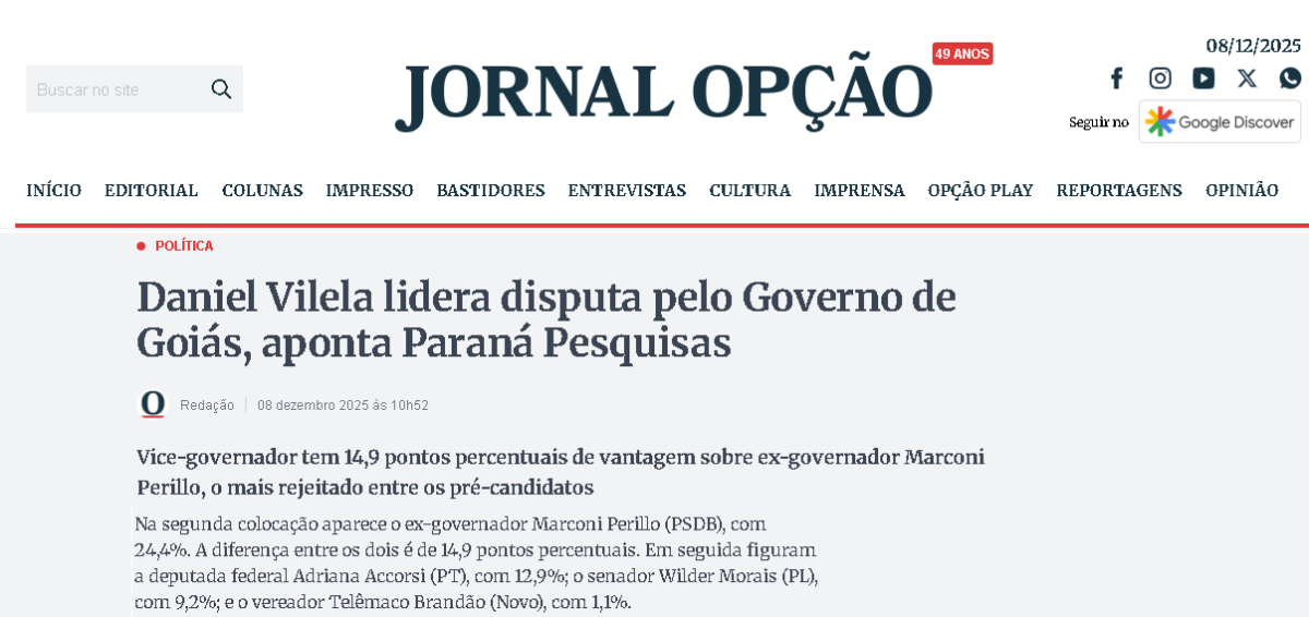 Jornal Opção cita pesquisa realizada pela Paraná Pesquisas no Estado de Goiás. 2 Jornal Opção cita pesquisa realizada pela Paraná Pesquisas no Estado de Goiás.