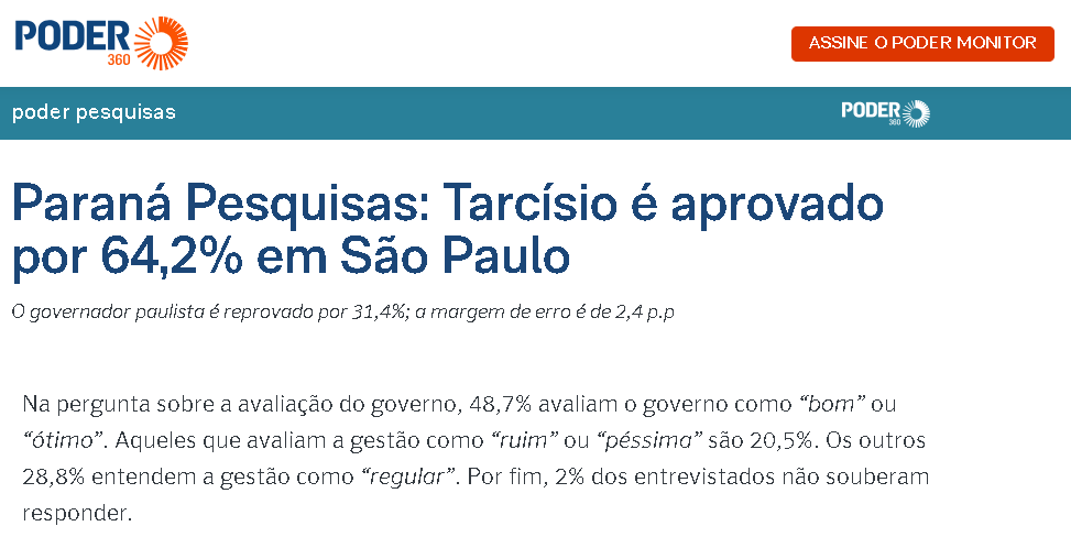 Poder 360 cita pesquisa realizada pela Paraná Pesquisas no Estado de São Paulo.