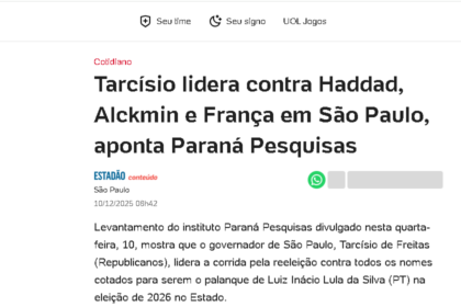 UOL Notícias cita pesquisa realizada pela Paraná Pesquisas no Estado de São Paulo.