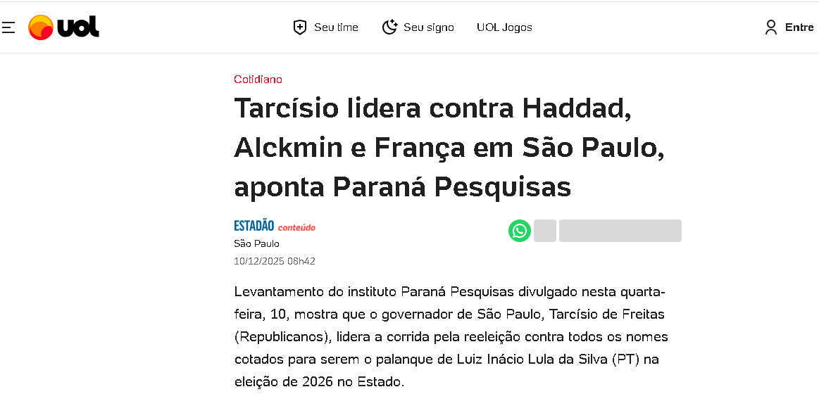 UOL Notícias cita pesquisa realizada pela Paraná Pesquisas no Estado de São Paulo.