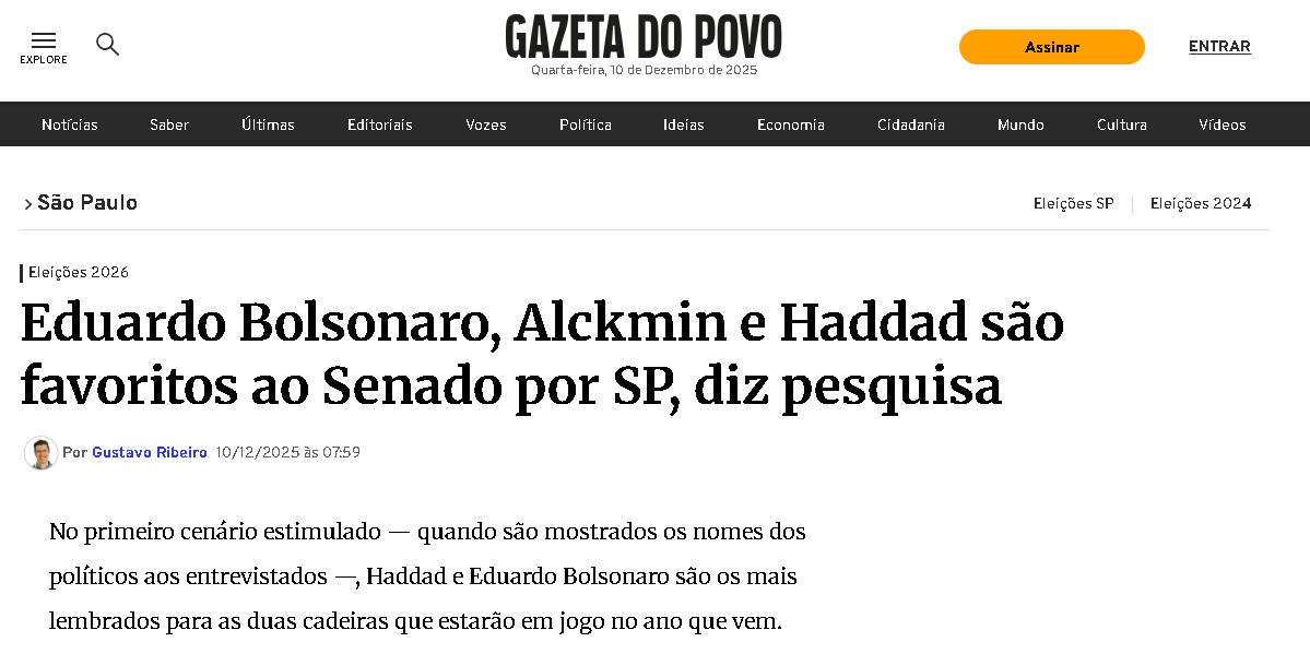 Gazeta do Povo cita pesquisa realizada pela Paraná Pesquisas no Estado de São Paulo. 2 Gazeta do Povo cita pesquisa realizada pela Paraná Pesquisas no Estado de São Paulo.