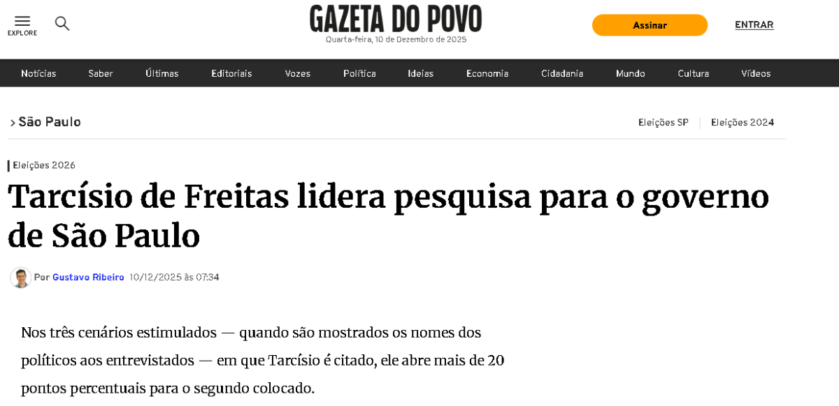 Gazeta do Povo cita pesquisa realizada pela Paraná Pesquisas no Estado de São Paulo. 2 Gazeta do Povo cita pesquisa realizada pela Paraná Pesquisas no Estado de São Paulo.