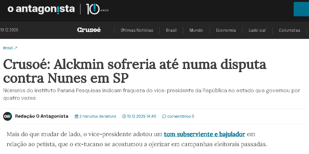Antagonista cita pesquisa realizada pela Paraná Pesquisas no Estado de São Paulo. 2 Antagonista cita pesquisa realizada pela Paraná Pesquisas no Estado de São Paulo.
