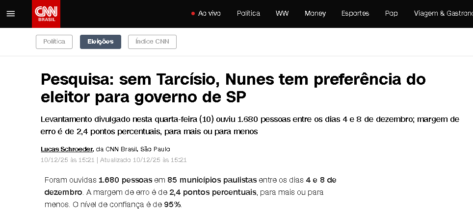 CNN Brasil cita pesquisa realizada pela Paraná Pesquisas no Estado de São Paulo.