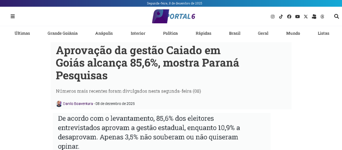 Portal 6 cita pesquisa realizada pela Paraná Pesquisas no Estado de Goiás.