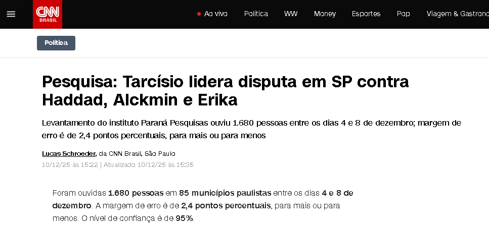 CNN Brasil cita pesquisa realizada pela Paraná Pesquisas no Estado de São Paulo.