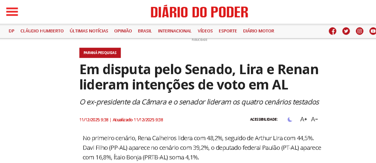 Diário do Poder cita pesquisa realizada pela Paraná Pesquisas no Estado de Alagoas. 2 Diário do Poder cita pesquisa realizada pela Paraná Pesquisas no Estado de Alagoas.