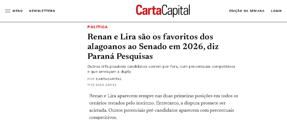 Carta Capital cita pesquisa realizada pela Paraná Pesquisas no Estado de Alagoas.