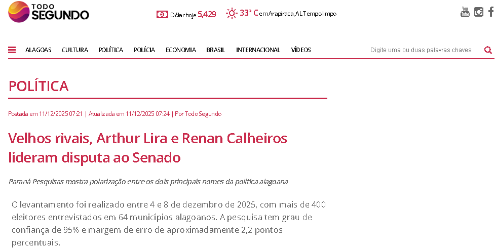 Todo Segundo cita pesquisa realizada pela Paraná Pesquisas no Estado de Alagoas. 2 Todo Segundo cita pesquisa realizada pela Paraná Pesquisas no Estado de Alagoas.
