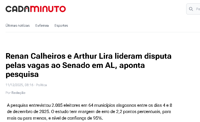 Cada Minuto cita pesquisa realizada pela Paraná Pesquisas no Estado de Alagoas.