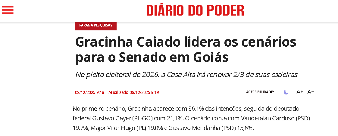 Diário do Poder cita pesquisa realizada pela Paraná Pesquisas no Estado de Goiás. 2 Diário do Poder cita pesquisa realizada pela Paraná Pesquisas no Estado de Goiás.