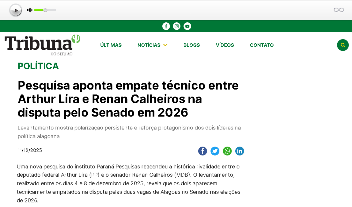 Tribuna do Sertão cita pesquisa realizada pela Paraná Pesquisas no Estado de Alagoas. 2 Tribuna do Sertão cita pesquisa realizada pela Paraná Pesquisas no Estado de Alagoas.