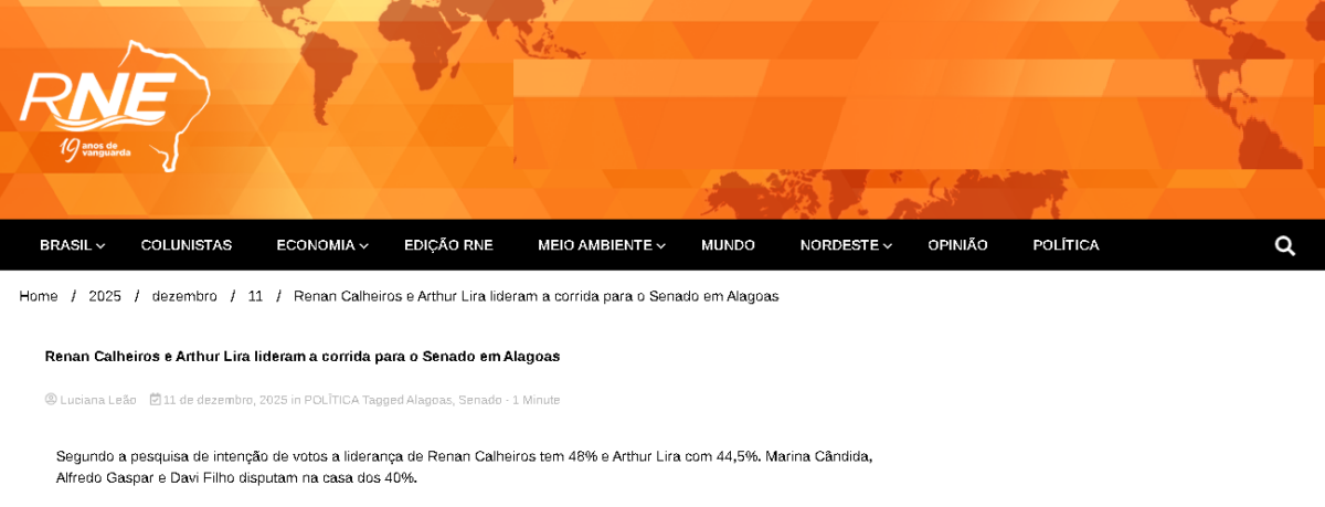 Revista RNE cita pesquisa realizada pela Paraná Pesquisas no Estado de Alagoas.