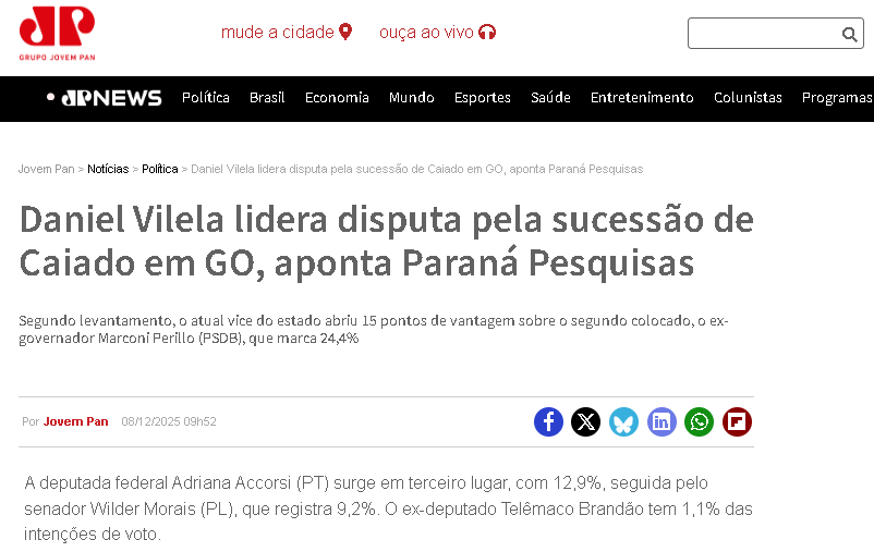 Jovem Pan cita pesquisa realizada pela Paraná Pesquisas no Estado de Goiás.