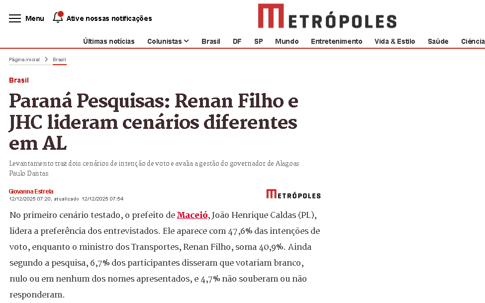 Metrópoles cita pesquisa realizada pela Paraná Pesquisas no Estado de Alagoas.