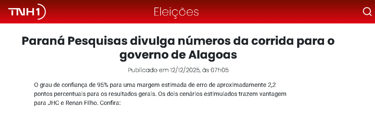 TNH1 cita pesquisa realizada pela Paraná Pesquisas no Estado de Alagoas. 2 TNH1 cita pesquisa realizada pela Paraná Pesquisas no Estado de Alagoas.