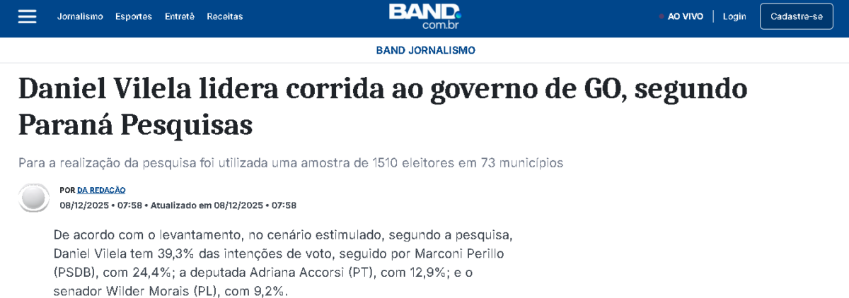 Band cita pesquisa realizada pela Paraná Pesquisas no Estado de Goiás.
