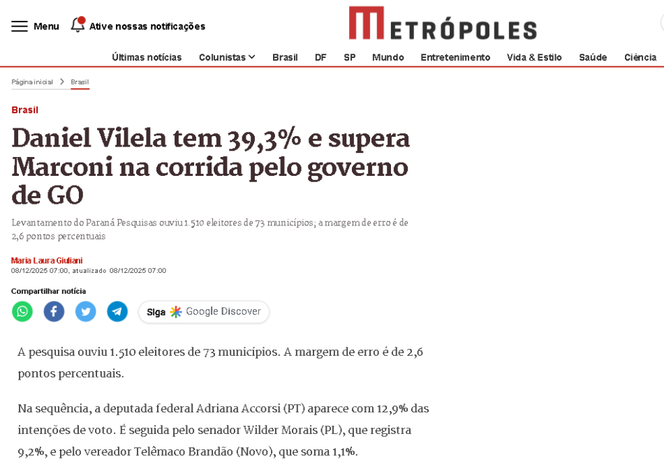 Metrópoles cita pesquisa realizada pela Paraná Pesquisas no Estado de Goiás.