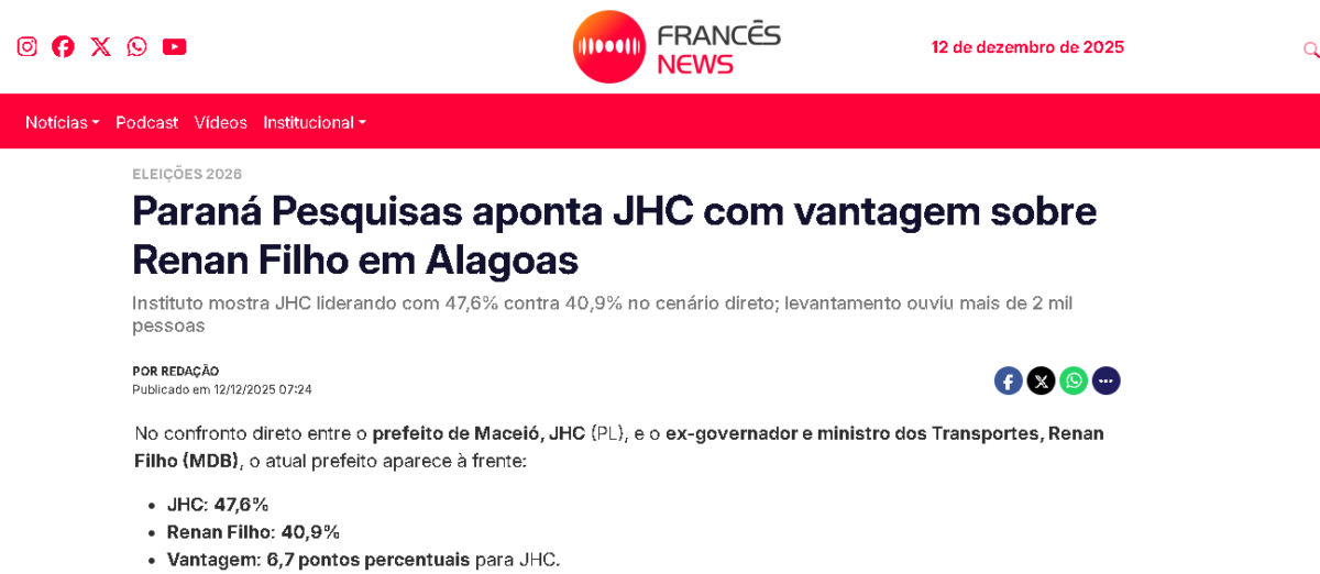 Francês News cita pesquisa realizada pela Paraná Pesquisas no Estado de Alagoas.