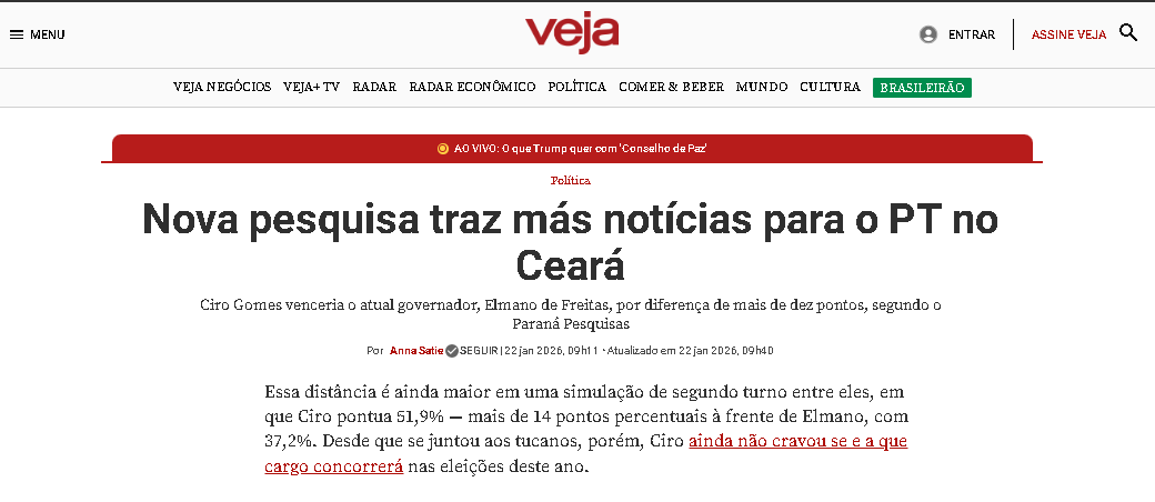 Veja cita pesquisa realizada pela Paraná Pesquisas no Estado do Ceará.