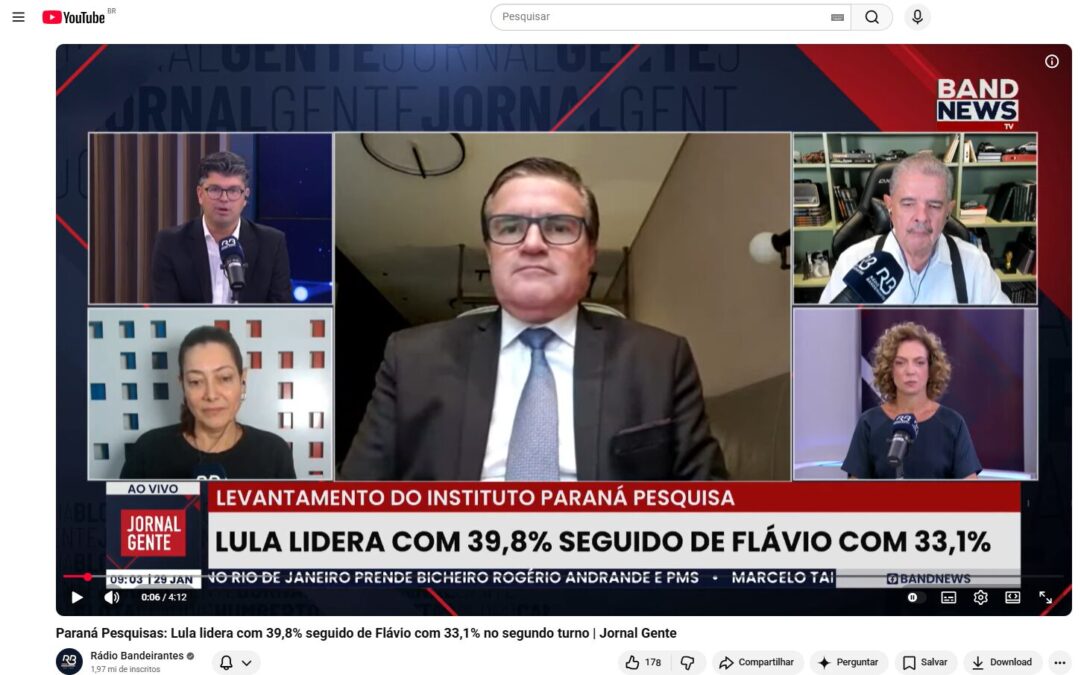 Rádio Bandeirantes cita pesquisa realizada pela Paraná Pesquisas.